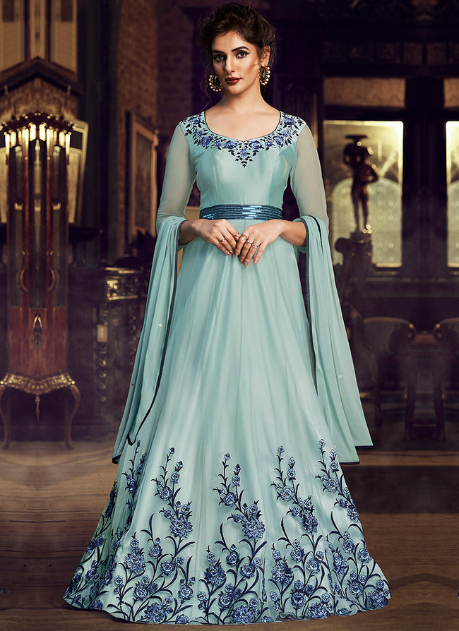 Designer Sky Blue Party Wear Gown With Long Koti | Indian Online Ethnic  Wear Website For Women